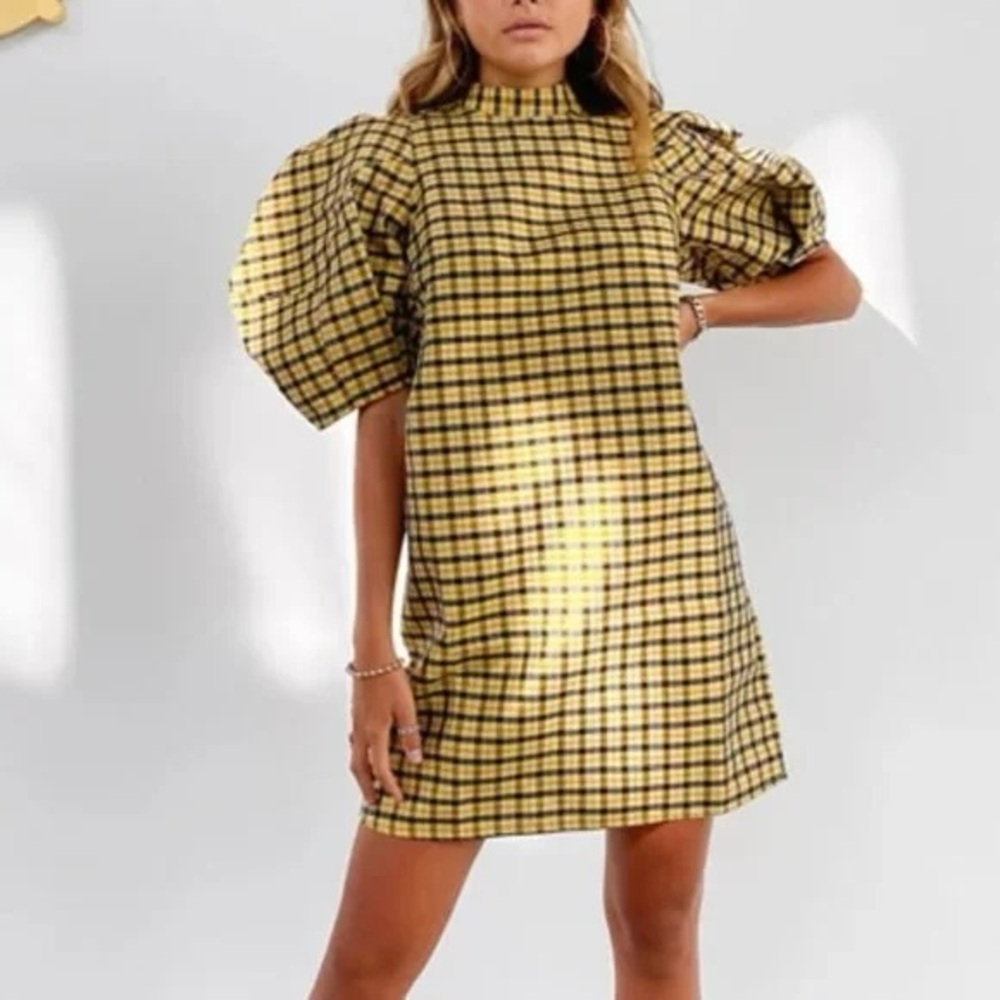Ghospell yellow & black dress with puff sleeves